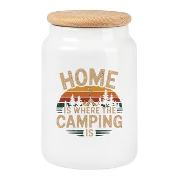  Home Is Where The Camping Is Camping Spruch - Keksdose mit Holzdeckel - Weiß - Vorne