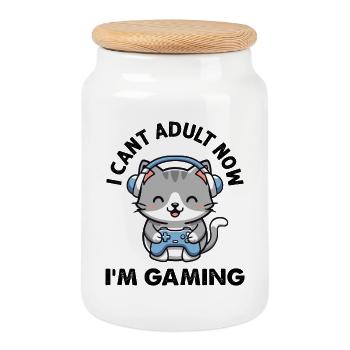 Je ne peux plus être adulte maintenant, je joue drôle, gamer chat - Boîte à biscuits avec couvercle en bois - blanc - Devant