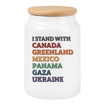I stand with Canada, Gaza, Greenland, Panama, Ukraine - Cookie Jar with Wooden Lid - white - Front