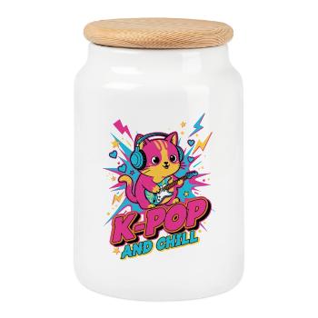 Cute K-Pop Cat K-POP AND CHILL Korean Music Anime - Cookie Jar with Wooden Lid - white - Front