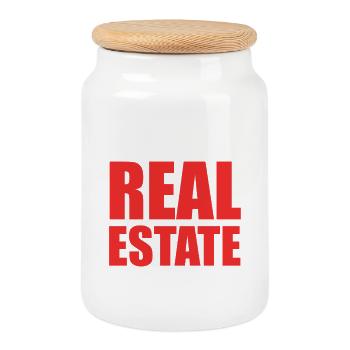 Demandez-moi à propos de l’immobilier – Bold Red - Boîte à biscuits avec couvercle en bois - blanc - Devant