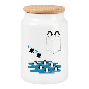 Penguin Jump Into The Water Pocket Design - Cookie Jar with Wooden Lid - white - Front