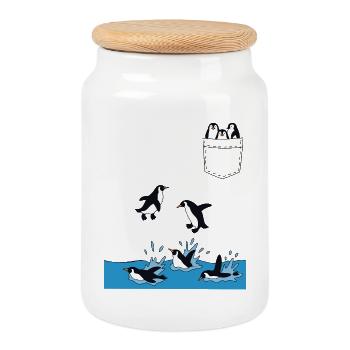 Penguin Jump Into The Water Pocket Design - Cookie Jar with Wooden Lid - white - Front