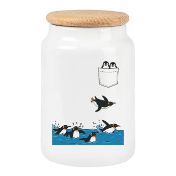 Penguin Jump Into The Water Pocket Design - Cookie Jar with Wooden Lid - white - Front