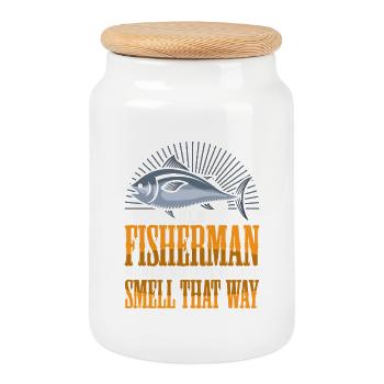 Fisherman Pensioner Senior Pension Fishing Man - Cookie Jar with Wooden Lid - white - Front