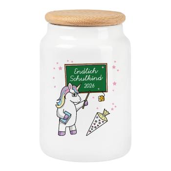 Finally Schoolchild 2026 School Enrollment School Unicorn - Cookie Jar with Wooden Lid - white - Front