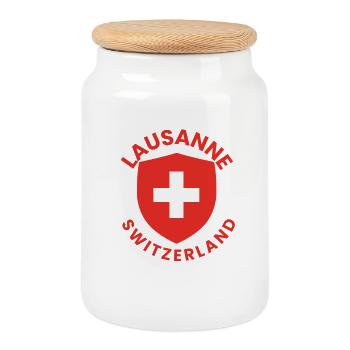 Bouclier de Lausanne avec drapeau suisse - Boîte à biscuits avec couvercle en bois - blanc - Devant