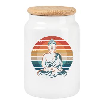 Bouddha Coucher de soleil rétro - Boîte à biscuits avec couvercle en bois - blanc - Devant