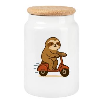 Sloth on scooter - Cookie Jar with Wooden Lid - white - Front