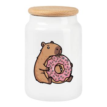 Capybara with donut cute relax animal motif - Cookie Jar with Wooden Lid - white - Front