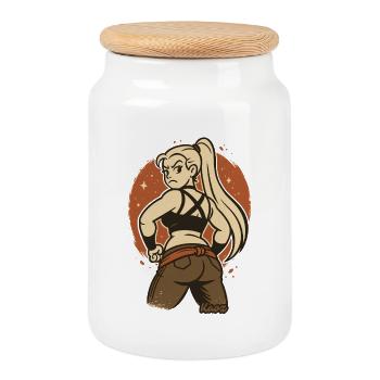 Dessin animé rétro de femme et combattant - Boîte à biscuits avec couvercle en bois - blanc - Devant