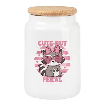 Cute but Feral – Cute Raccoon Design - Cookie Jar with Wooden Lid - white - Front