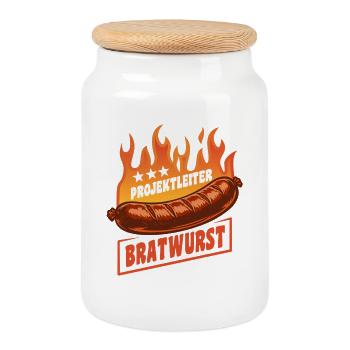 Project Manager Bratwurst | Grilling Flames Cult - Cookie Jar with Wooden Lid - white - Front