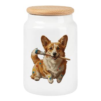 Corgi-Künstler mit Pinsel - Keksdose mit Holzdeckel - Weiß - Vorne