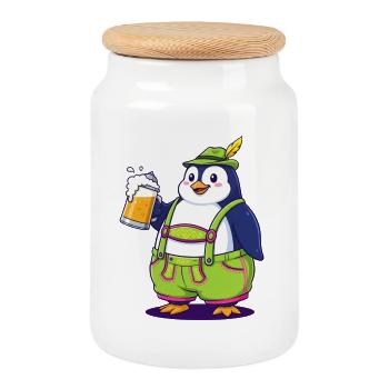 Penguin in Lederhosen Beer Party Beer Garden Apres - Cookie Jar with Wooden Lid - white - Front