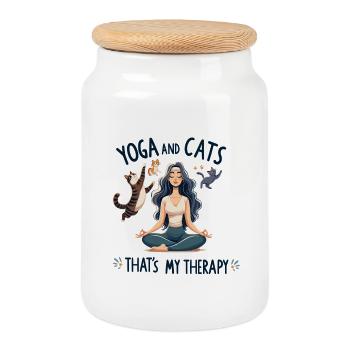 Yoga et chats : ma thérapie - Boîte à biscuits avec couvercle en bois - blanc - Devant