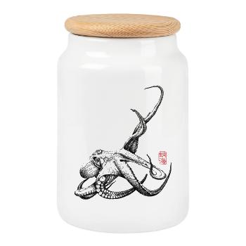 Poulpe avec tampon kanji - Boîte à biscuits avec couvercle en bois - blanc - Devant