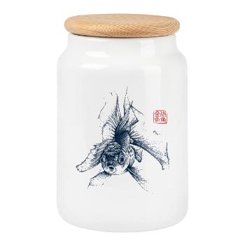 Poisson rouge avec tampon kanji - Boîte à biscuits avec couvercle en bois - blanc - Devant