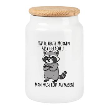 Almost Smiled – Grumpy Raccoon Morning Grouch - Cookie Jar with Wooden Lid - white - Front