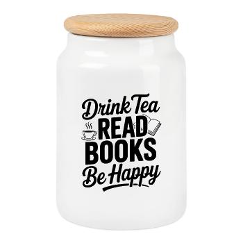 Drink Tea Read Books Be Happy - Cookie Jar with Wooden Lid - white - Front