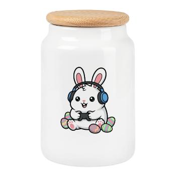 Gamer Easter Bunny Funny Gaming Spring Egg - Cookie Jar with Wooden Lid - white - Front