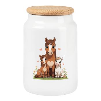 Horse family in the heart - Cookie Jar with Wooden Lid - white - Front