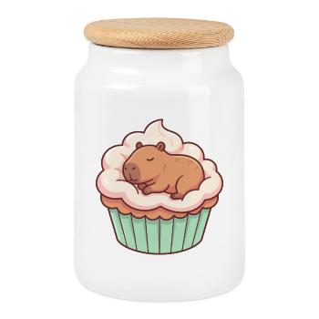 Cute Capybara Cupcake Motif - Cookie Jar with Wooden Lid - white - Front