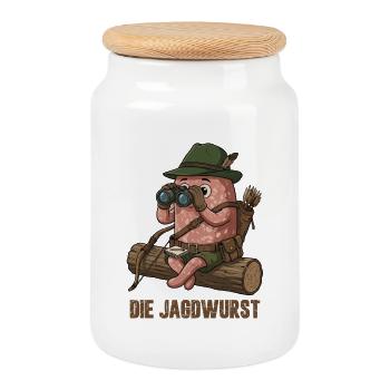 The Hunting Sausage Hunter Cartoon Humor - Cookie Jar with Wooden Lid - white - Front