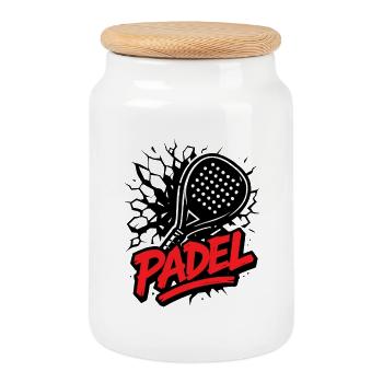 Padel – Schlägersport - Keksdose mit Holzdeckel - Weiß - Vorne