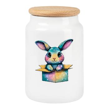 Un lapin coloré dans une boîte - Boîte à biscuits avec couvercle en bois - blanc - Devant