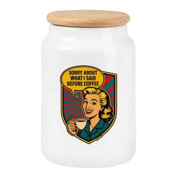 Before Coffee – Retro Meme - Cookie Jar with Wooden Lid - white - Front