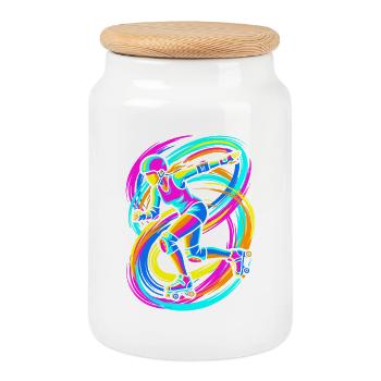 Patineur à roulettes - Boîte à biscuits avec couvercle en bois - blanc - Devant