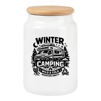 Winter Camping | Wild & Cold | Adventure - Cookie Jar with Wooden Lid - white - Front
