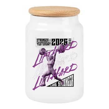 Gewichtheberfrau, lila rosa dunkle Version - Keksdose mit Holzdeckel - Weiß - Vorne