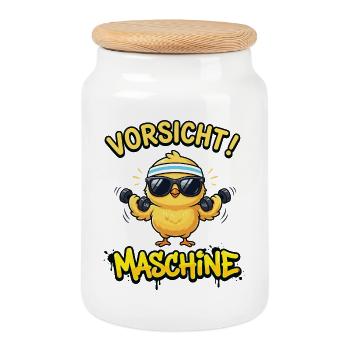 Beware of machine – fitness chicks during training - Cookie Jar with Wooden Lid - white - Front