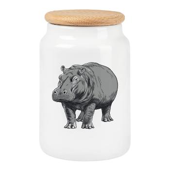 Graue Hippo Linienkunst - Keksdose mit Holzdeckel - Weiß - Vorne