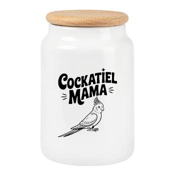 Cockatiel Mama - Cookie Jar with Wooden Lid - white - Front