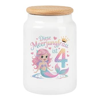 Cette sirène a 4 ans de filles - Boîte à biscuits avec couvercle en bois - blanc - Devant