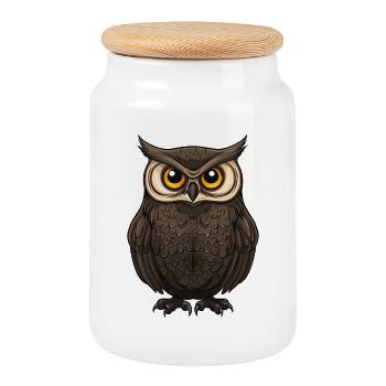 Forest Owl Portrait in Cartoon Style - Cookie Jar with Wooden Lid - white - Front
