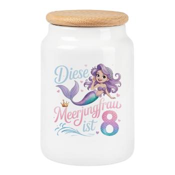 This Mermaid Is 8 Girls 8th Birthday - Cookie Jar with Wooden Lid - white - Front
