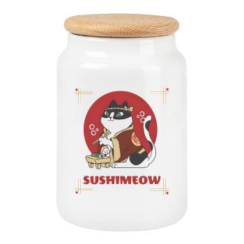 Sushimeow – Funny Cat Japan Sushi Design - Cookie Jar with Wooden Lid - white - Front