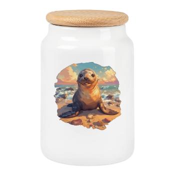 Lions de mer Lion de mer - Boîte à biscuits avec couvercle en bois - blanc - Devant