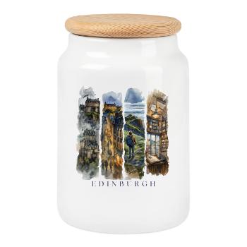 Voyage de vacances à Édimbourg – Motif de la ville écossaise - Boîte à biscuits avec couvercle en bois - blanc - Devant