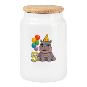Süßes Hippo 5. Geburtstag - Nilpferd mit Ballons - Keksdose mit Holzdeckel - Weiß - Vorne