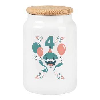 Quatrième anniversaire de Shark, jeune fille quatre ans - Boîte à biscuits avec couvercle en bois - blanc - Devant