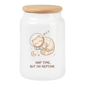 Nap Neptune | Chat de l’espace mignon - Boîte à biscuits avec couvercle en bois - blanc - Devant