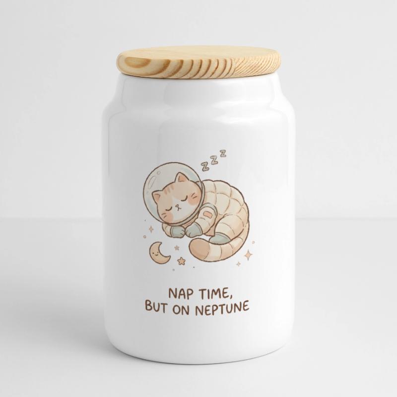 Nap Neptune | Chat de l’espace mignon Boîte à biscuits avec couvercle en bois