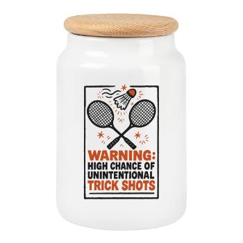 Warning Trick Shots | Badminton Humor - Keksdose mit Holzdeckel - Weiß - Vorne