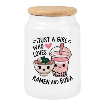 La fille adore les ramen et le boba - Boîte à biscuits avec couvercle en bois - blanc - Devant