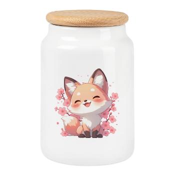 Kawaii Fuchs Sakura - Japan Style Chibi Design - Keksdose mit Holzdeckel - Weiß - Vorne